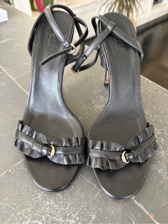 Gucci Shoes - Gucci Black Leather Ruffle Strap Ankle-Tie Heels